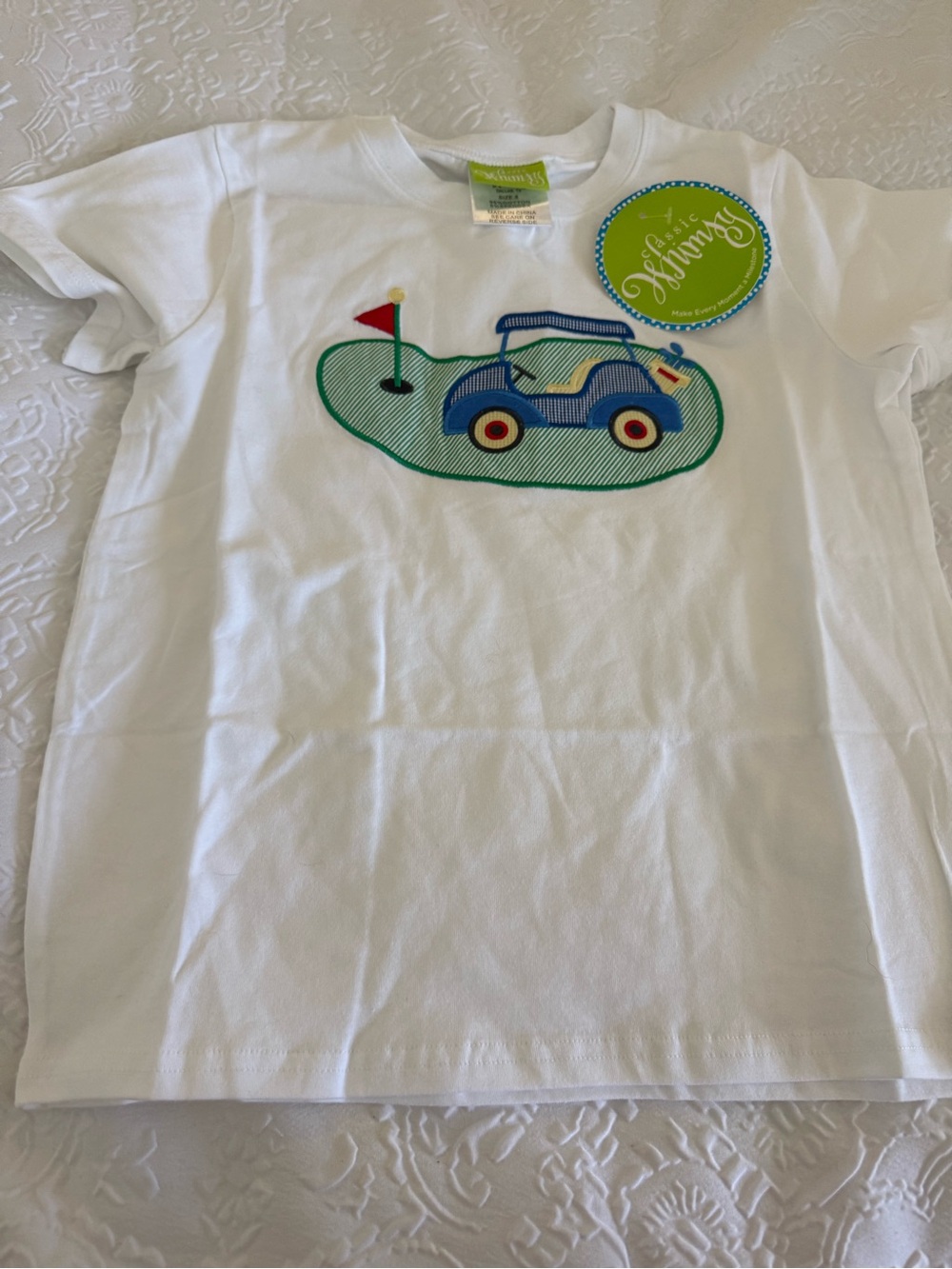 White Kids Golf Cart Appliqué Tee by Whimsy - Blue & Green